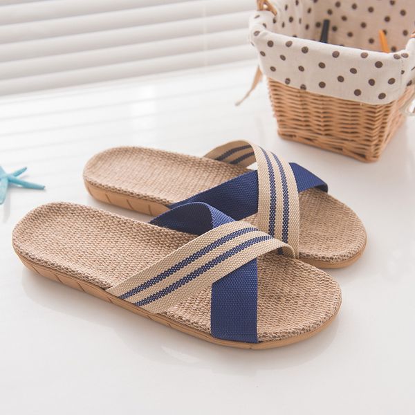 

men's fashion anti-slip linen home indoor open toe flat shoes beach slippers, Blue;gray
