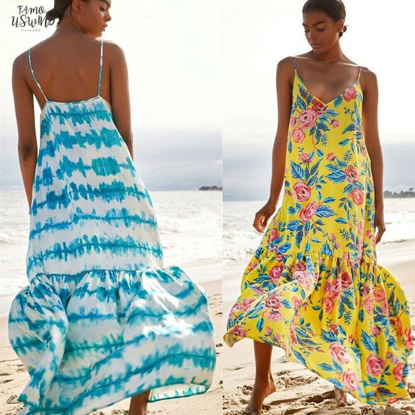 

women summer casual loose slip sleeveless off shoulder tie dye stripe maxi dress boho beach floral sundress blue yellow, Black;gray