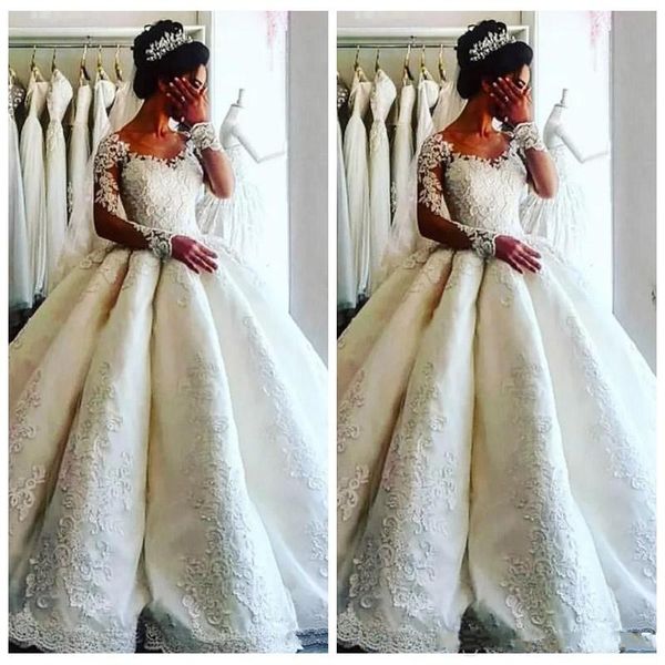 Luxuriöse Dubai Arbic Lange Ärmel Ballkleid Brautkleider Spitze Applikationen Bescheidene Brautkleider Perlen Vestidos De Marriage Hochzeitskleid