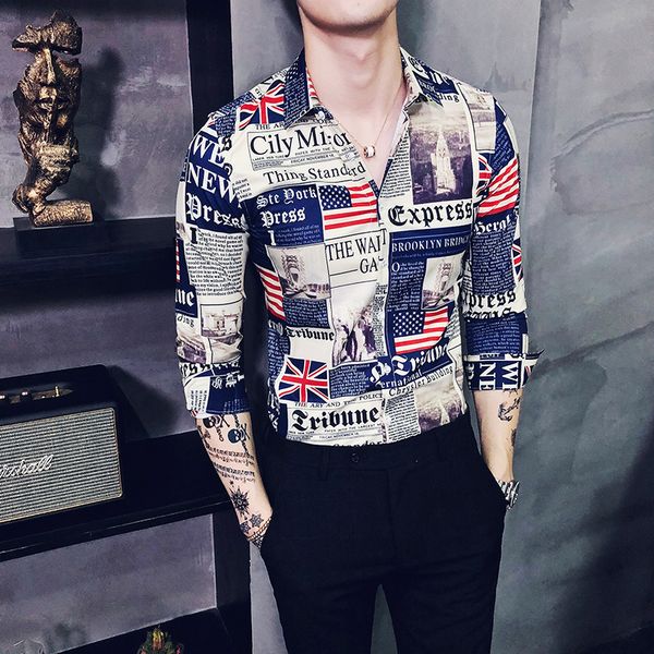 

designer shirt fashion national flag printing slim fit shirt men social club chemise homme camisa masculina 2019 spring, White;black