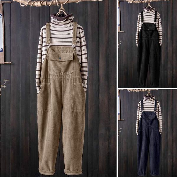 

zanzea 2020 womens jumpsuits wide leg playsuits spring vintage corduroy jumpsuit rompers solid overalls suspender jumpsuits 5xl, Black;white