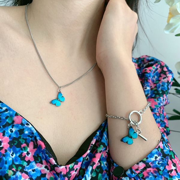 

fashion blue butterfly necklace bracelet jewelry sets for women jewelry on the neck, silver color chains necklaces set female