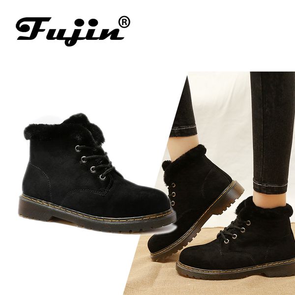 

fujin brand women ankle boots fur plush keep warm women boots lace up pu leather female shoes comfortable for shoes, Black