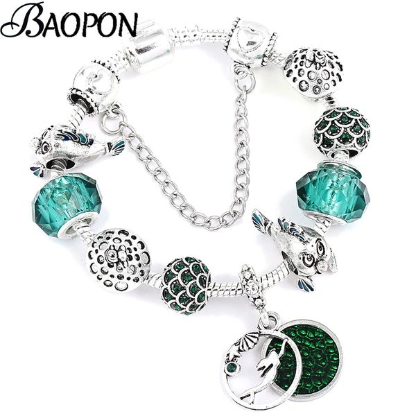 

baopon european vintage antique silver charm bracelets for women with green crystal fish beads bracelet as kids jewelry gift, Golden;silver