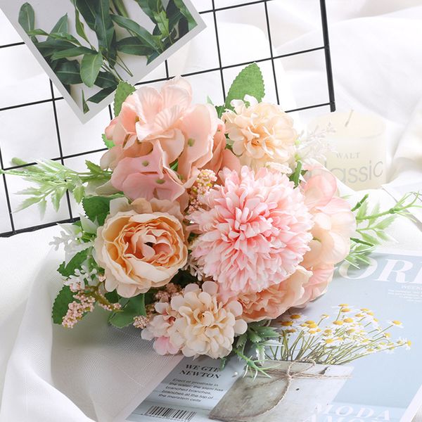 

mix floral beautiful peony artificial flowers hydrangea silk fake bouquet for home wedding decoration dandelion foam plastic