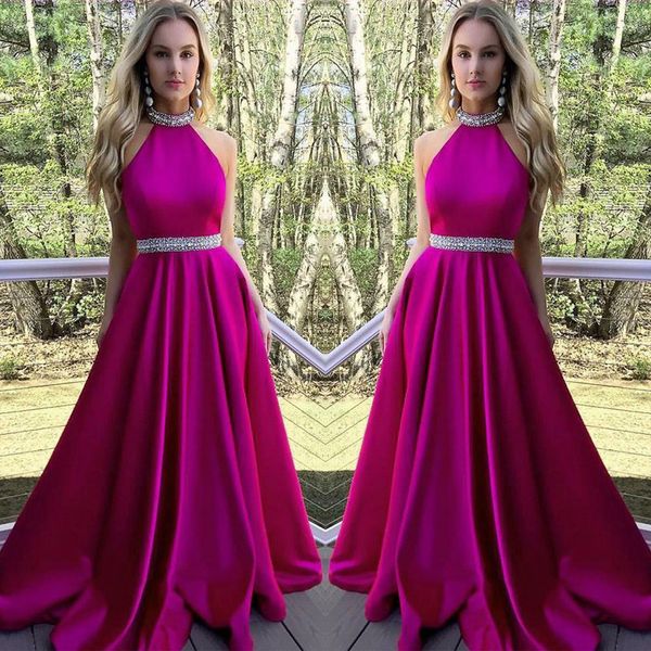 

fuchsia prom party dresses elegant halter crystals neck sash long formal evening party dresses custom made, Black