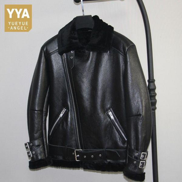 

марка shearling натуральная кожа куртка мужчин высокого качества сыпучие толстая теплая верхняя одежда мода streetwear biker jacket негабари, Black