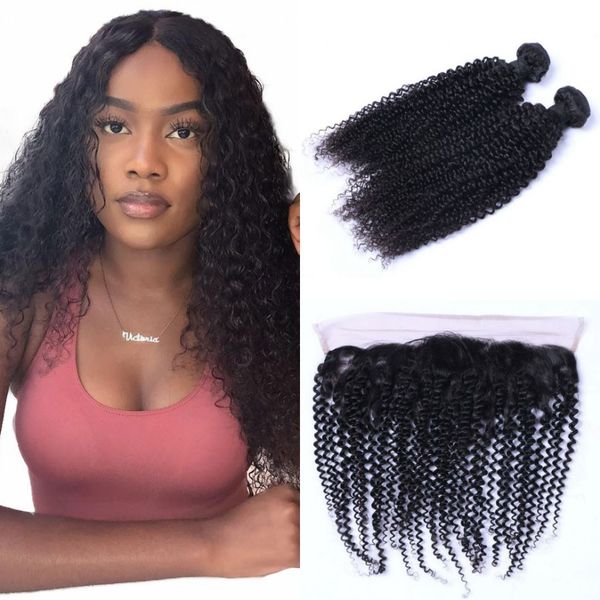 

cambodian hair 2 bundles with 13*4 lace frontal kinky curly hair natural color 1b non remy hair weaves closure, Black;brown
