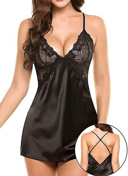 

perspective lace womens pyjamas spaghetti strap cross backless dresses donna deep v hang neck underwear, Black;white