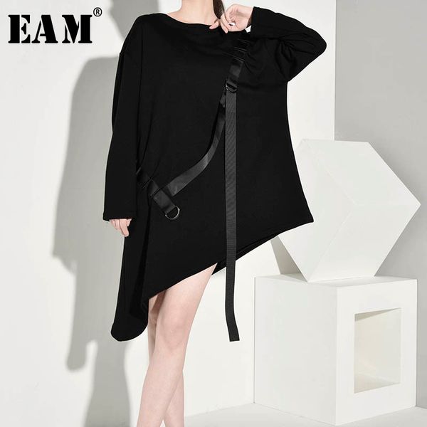 

eam] women black asymmetrical buckle ribbon long t-shirt new round neck long sleeve fashion tide spring autumn 2019 1d6390, White