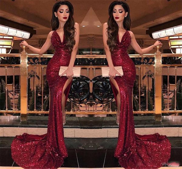 Arabisch Burgund Sexy V-Ausschnitt Meerjungfrau Prom Kleider Hohe Schlitze Pailletten Bling Vestidos De Fiesta Dubai Formale Lange Abend Party Prom Kleider