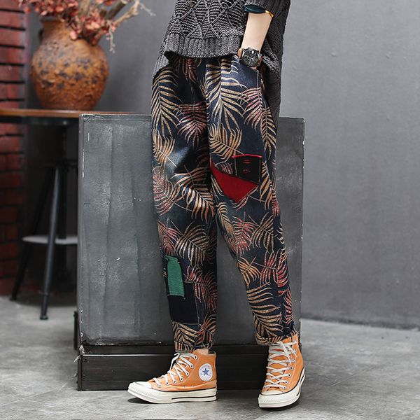

women jeans leaves print denim pants bottoms big loose straight long retro vintage fashion casual for autumn bo13232219, Blue