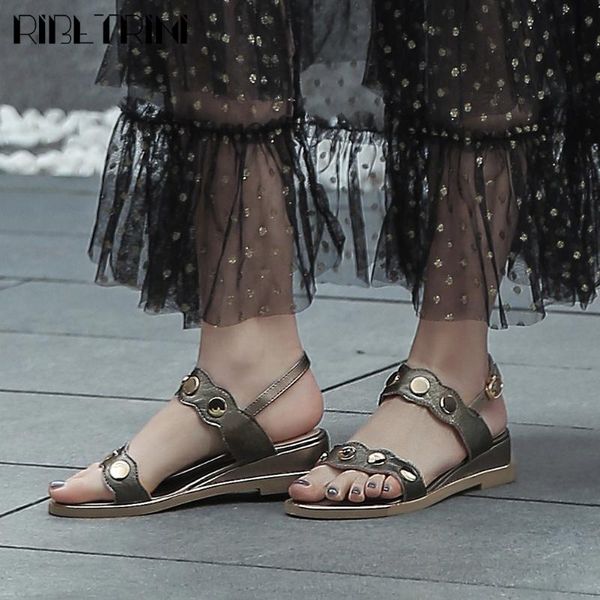 

ribetrini comfort med wedges shoes new fashion decorating genuine leather women sandals summer casual sandals, Black