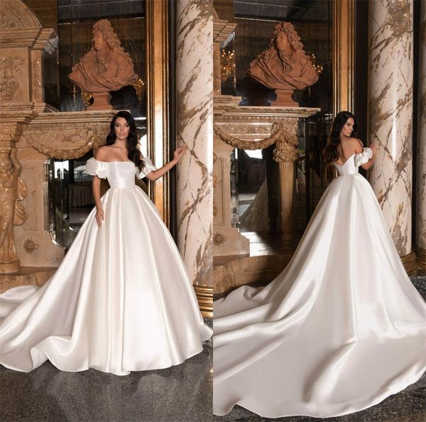 

2020 elegant satin wedding dresses off the shoulder short sleeves beach wedding dress a line custom made vestidos de novia, White