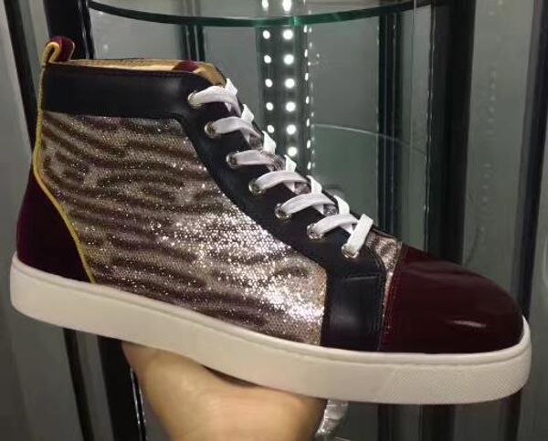 

mens designer shoes suede sneakers crystals sequins high spikes flats shoes red bottom for men and women leather sneakers party, Black