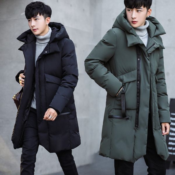 

men new winter men hooded jacket long jacket coat solid color parkas cotton-padded youth clothing clothing, Black