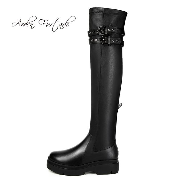 

arden furtado 2018 autumn winter over the knee fashion boots flat platform wedges zipper genuine leather women's shoes boots new, Black