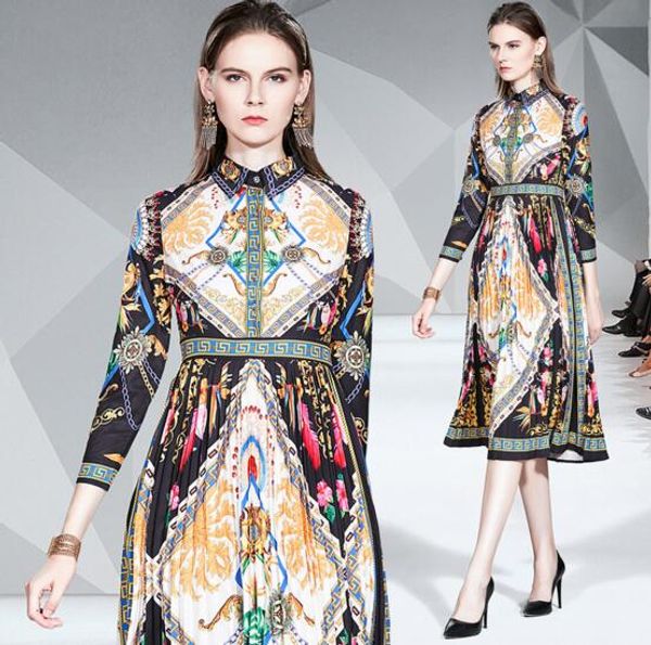 

autumn new long-sleeved printed waist was thin pleated skirt, Black;gray
