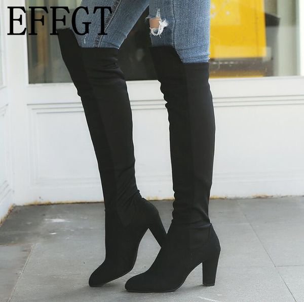 

effgt 2019 new cow suede round head cozy stovepipe slip on high heel long boots stretch thigh high boots size 35-43 a333, Black