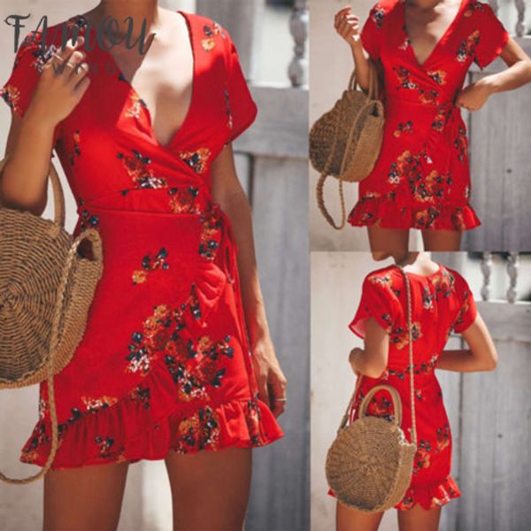 

new red floral dress women printing wrap holiday beach dresses short sleeve summer ladies deep v-neck ruffles short mini dress, Black;gray