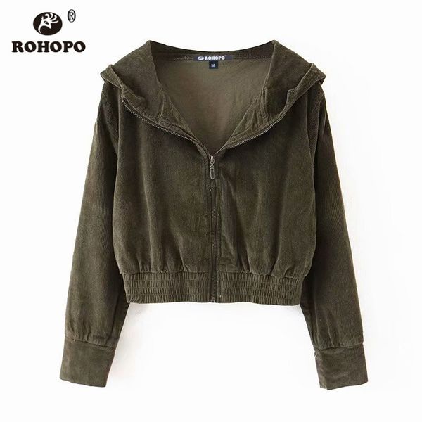 

rohopo autumn women army green hooded corduroy cotton basic jacket trimmed waist #61017, Black;brown
