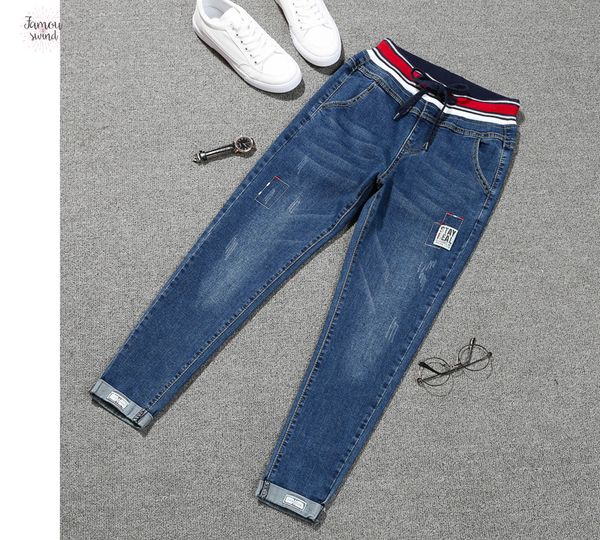 

натяжные jeans femme nouveau плюс размер упругие талии узелок джинсы женские denim упругие обрезанные девять харлан манжета джинсы женщины, Blue