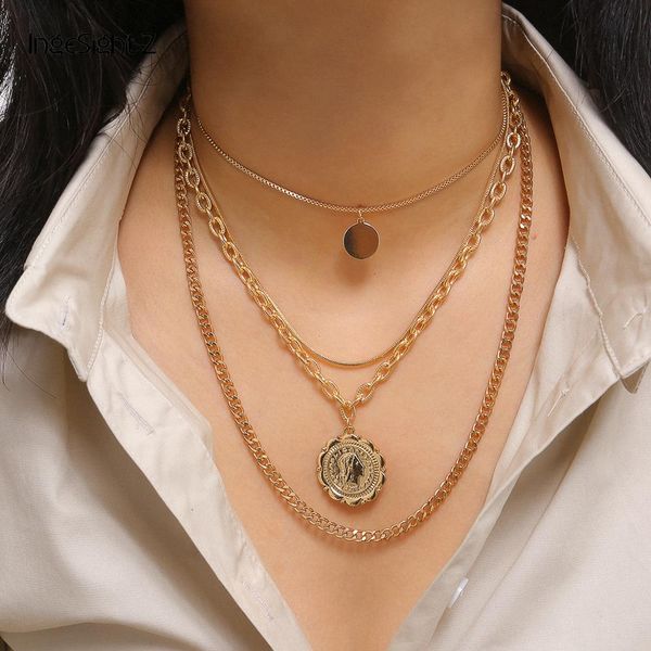 

ingesight.z vintage multi layered curb cuban chunky thick choker necklace punk carved coin pendant necklaces for women jewelry, Silver