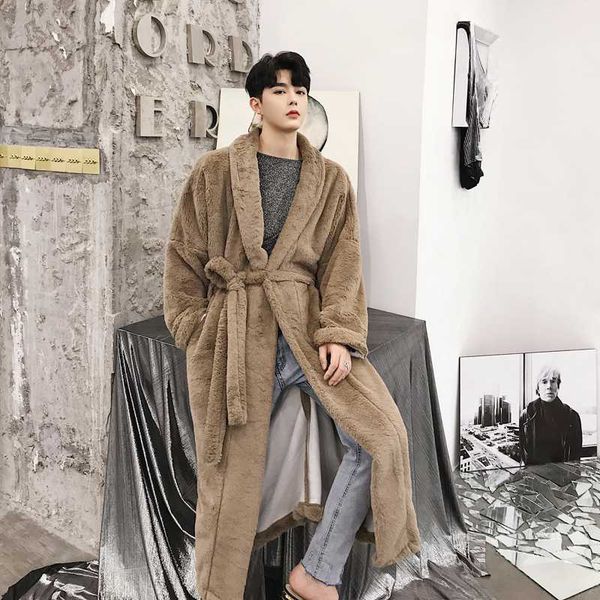 

men long belt casual trench coat male faux fur robe jacket streetwear autumn winter warm outerwear windbreaker overcoat cloak, Tan;black