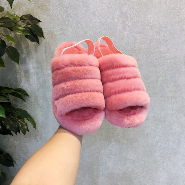 

women indoor fur flops flip warm slides sheepskin sliders female home winter sheep's wool designer sandals, Black
