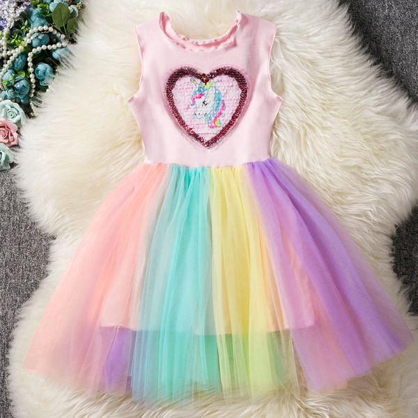 

retail kids designer girls dresses unicorn vest princess dress summer sleeveless horse applique ruffle rainbow skirts cartoon dresses, Red;yellow