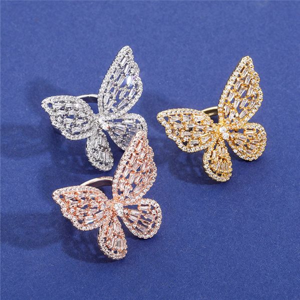 

new gold silver color plated micro paved cz butterfly hip hop finger ring for men women gift, Golden;silver