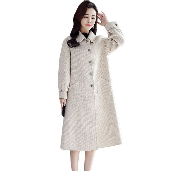 

new women woolen coat winter long korean single-breasted temperament woolen coat women's fashion pink lattice overcoat tide 1068, Black