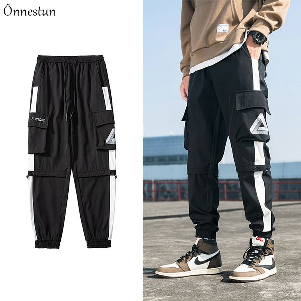 

onnestun streetwear мужские брюки осень весна новый черный спортивные штаны хип-хоп jogger брюки thin cargo мужчины, Black