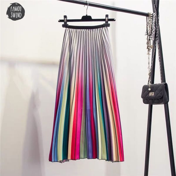 

2019 spring new skirts women skirts rainbow striped a line mid calf coming high street european style skirts, Black
