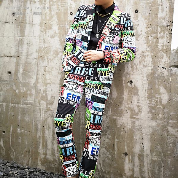 

м-размер 6xl!!личность печати цветные буквы хип-хоп стиль костюм костюм корейской версии ночного клуба певец хост приливный костюм, Gray