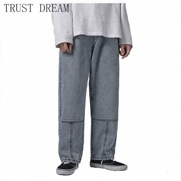 

men's jeans men straight solid splice loose hip hop streetwear, Blue