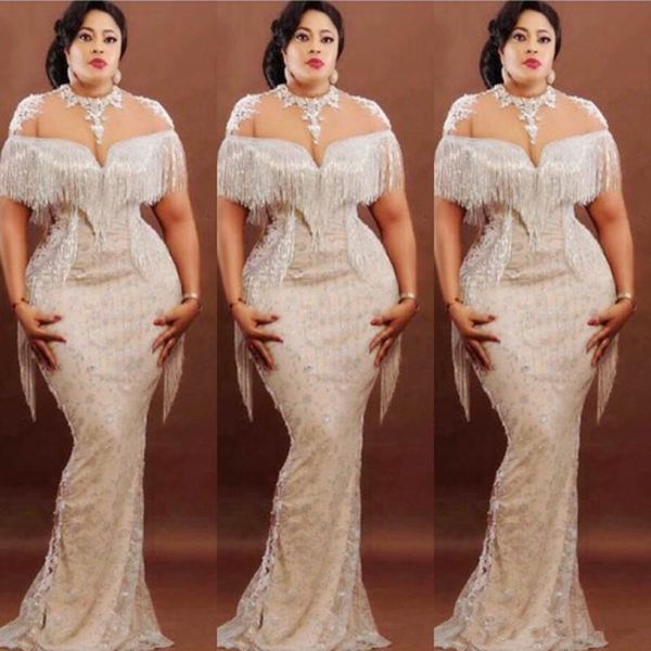 

plus size mermaid evening dresses with tassels saudi arabia sheer neck appliques lace prom dress african women party vestidos de fiesta, Black;red