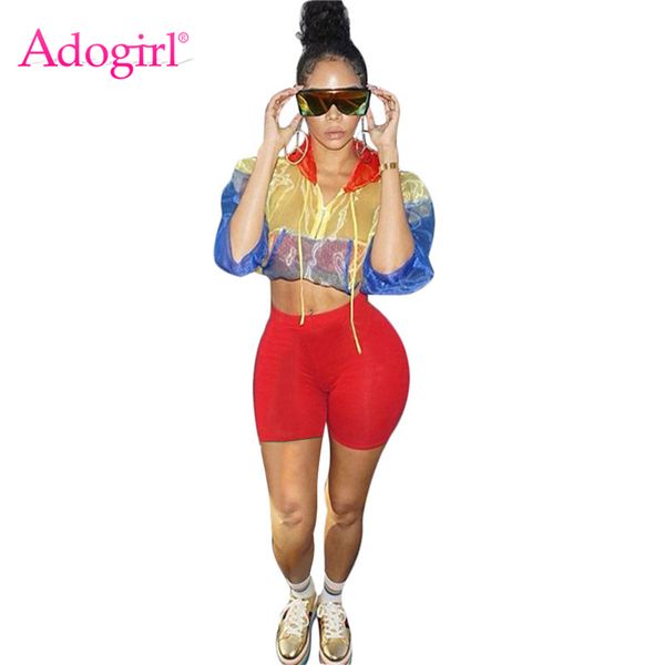 

adogirl contrast color women tracksuit front zipper sheer long sleeve hooded jacket crop + shorts casual 2 piece set outfits, White
