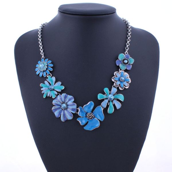 

seblasy statement jewelry bohemian crystal flowers necklaces elegant enamel flowers collar choker necklaces & pendants for women, Silver