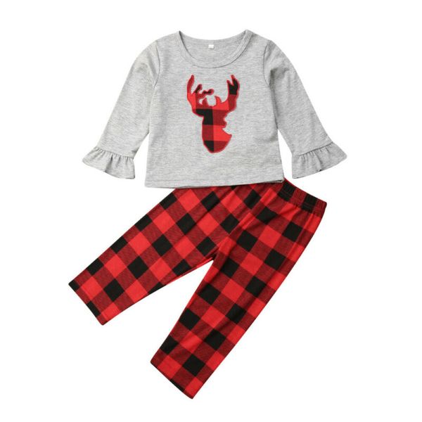 

Christmas Toddler Baby Girl Clothes Deer Tops T-shirt Plaids Pants Outfit Set