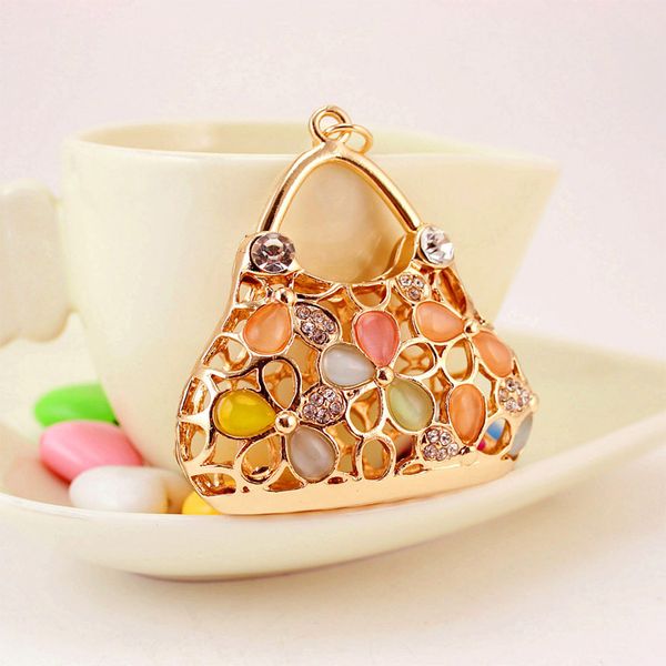 

fashion three-dimensional hollow lady handbag shape keychain colorful opal lady leather bag keychain memorial gift, Silver