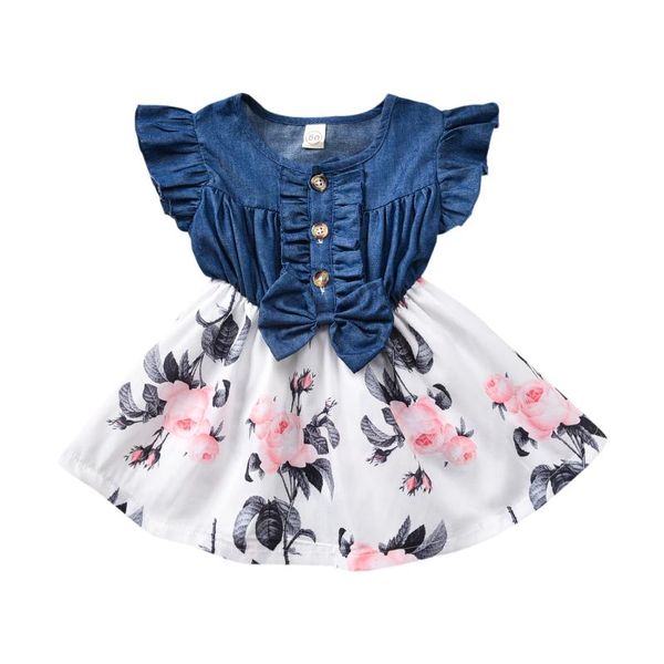 

младенец дети детские печати лоскутное denim платье летняя мода темперамент летучий рукава платье принцессы 0-5y, Red;yellow