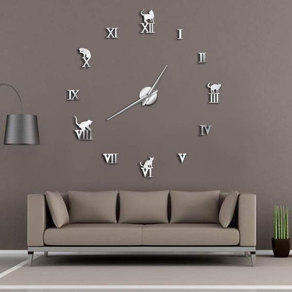 

3d large wall clock diy large modern frameless home decor cat big clock mirror for bedroom living room wall decor