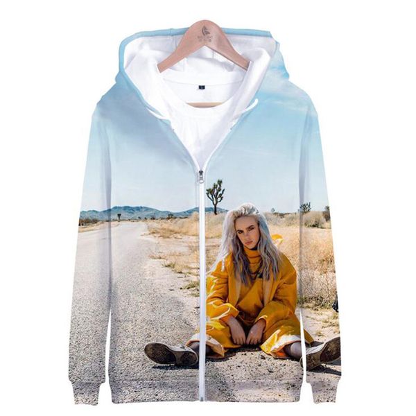 

music singer star billie eilish 3d printed women hoodies sweatshirts long sleeve funny hooded zipper jacket female bomber jacket, Black