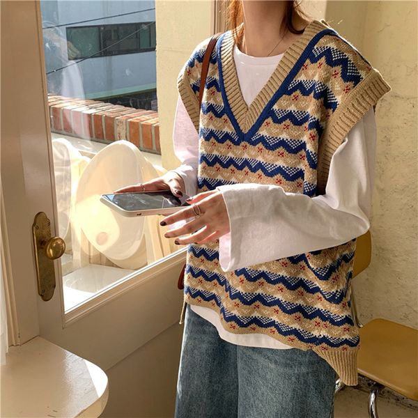 

v neck striped vest knitted fall sweater trendy korean style loose wild knit girl casual preppy style cool khaki harajuku, Black;white