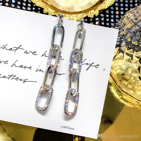 

women rhinestone chain long stud earring women bling bling tassel earring fashion jewelry gift for love girlfriend high quality, Golden;silver