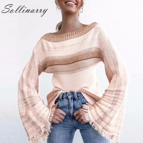

sollinarry bell sleeve stripe chic sweaters women 2019 off shoulder knitwear winter casual jumper pullover female tassel sweater, White;black