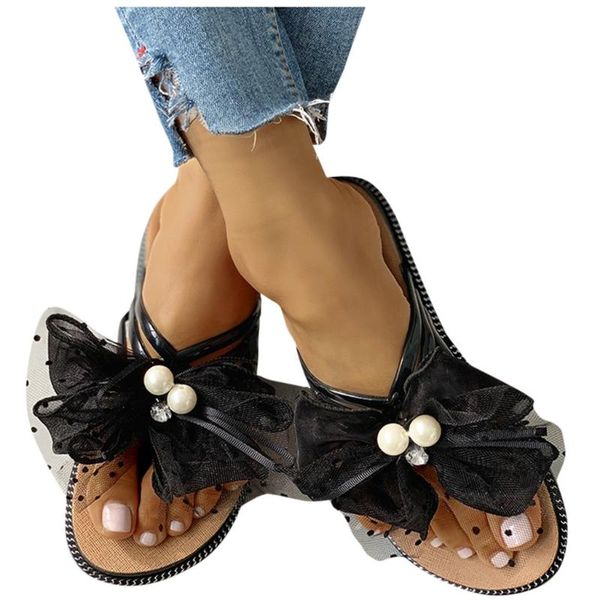 

bowknot pearl decor ladies slippers dot outdoor beach open toe shoes woman flats beach slippers women summer zapatos de mujer, Black