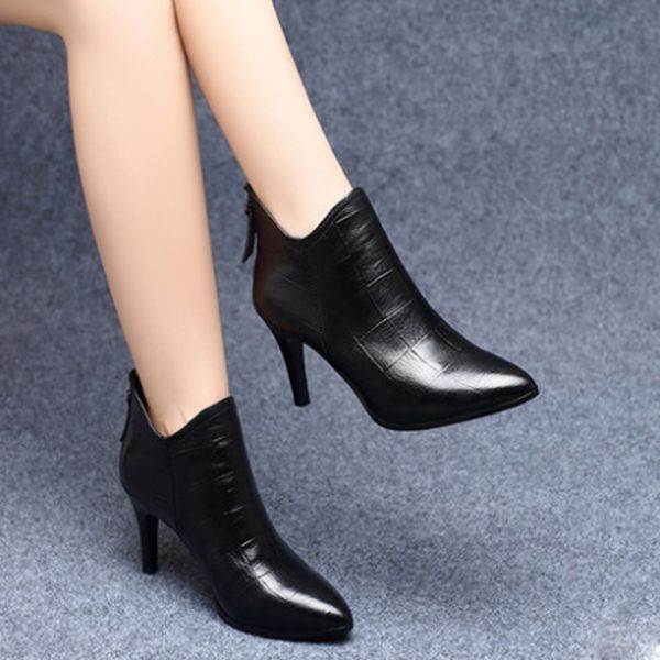 

women back zip boots stiletto heel ankle bare booties pointed toe casual booties, Black