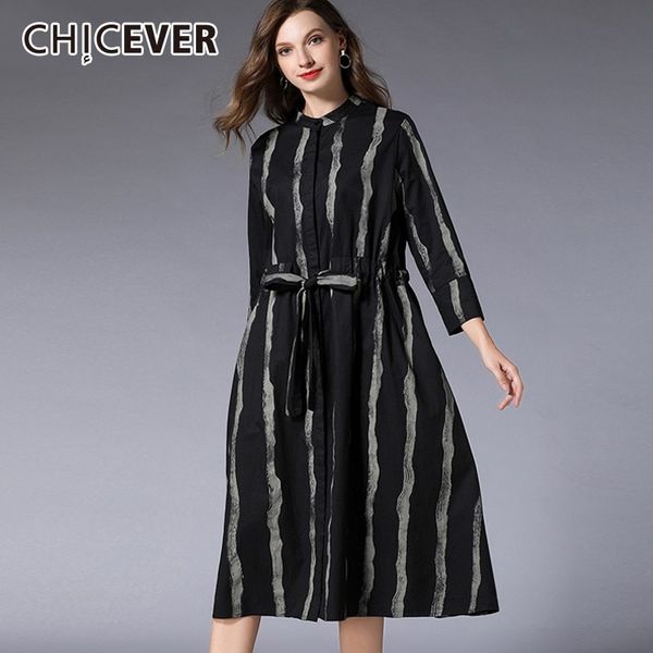 

chicever 2019 spring striped dresses for women stand collar long sleeve high waist lace up hit colors women's dress female new, Black;gray